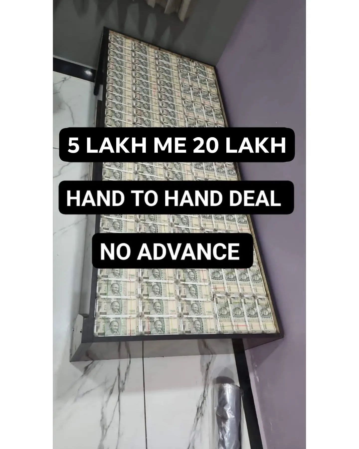Stacks of Indian 500 rupee notes in a frame with text about a cash deal.